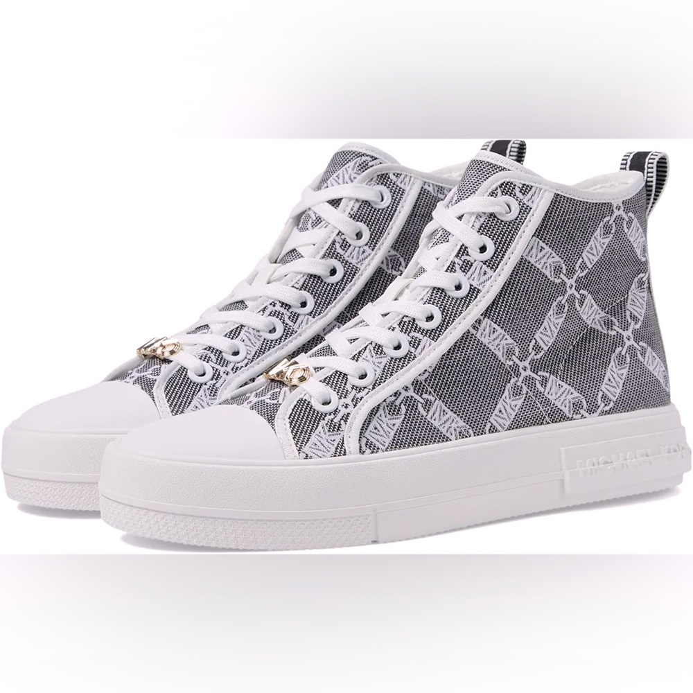 NEW Michael Kors Evy Empire Logo Jacquard High-Top Sneaker Blck/Optic White Sz 8